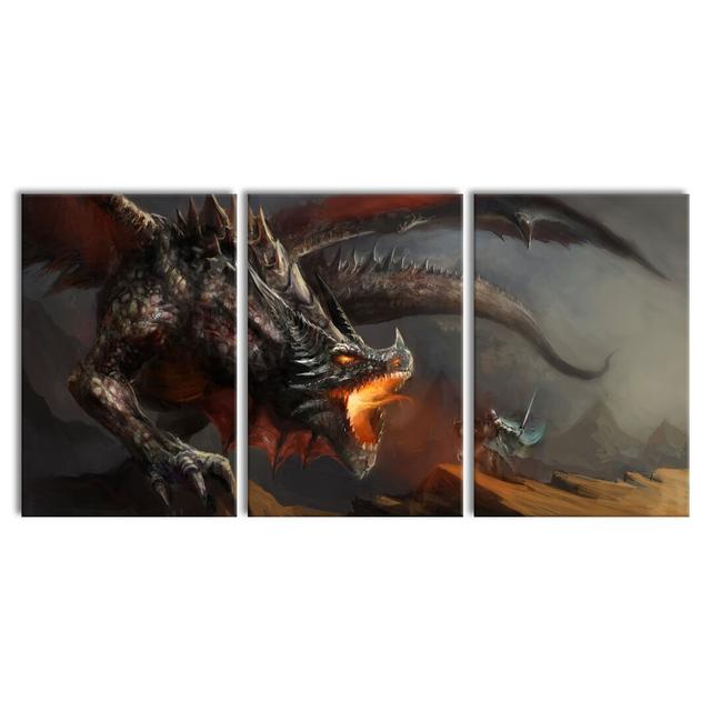 Fight Between Human and Dragon - 3 Piece Wrapped Canvas Photograph Print Set East Urban Home Size: 240 cm H x 120 cm W x 2.4 cm D on Productcaster.