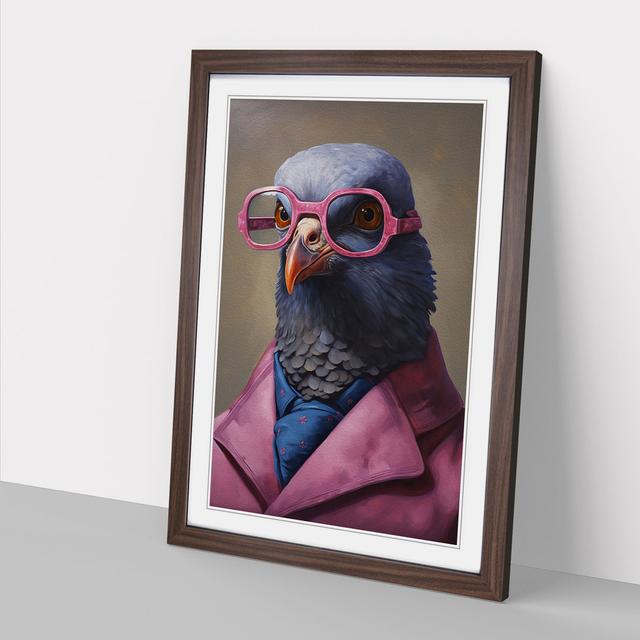 Pigeon with Glasses Painting Happy Larry Size: 46cm H x 34cm W x 2cm D, Frame Colour: Walnut on Productcaster.