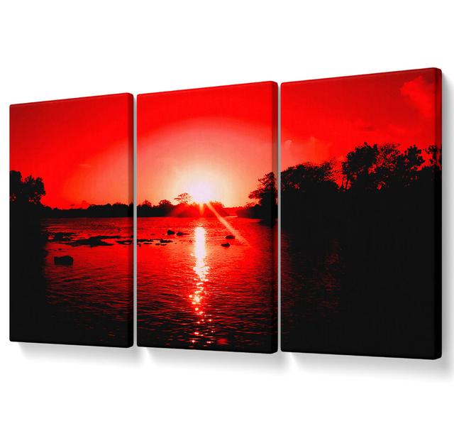 Red Ocean Sun Blaze - 3 Piece Wrapped Canvas Graphic Art Ebern Designs Size: 101.6cm H x 203cm W on Productcaster.