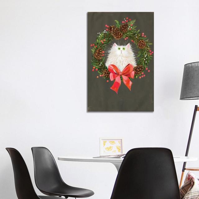 Festive Wreath White Cat by Kim Haskins - Print on Canvas The Seasonal Aisle Size: 101.6cm H x 66.04cm W x 1.91cm D, Format: Wrapped Canvas on Productcaster.