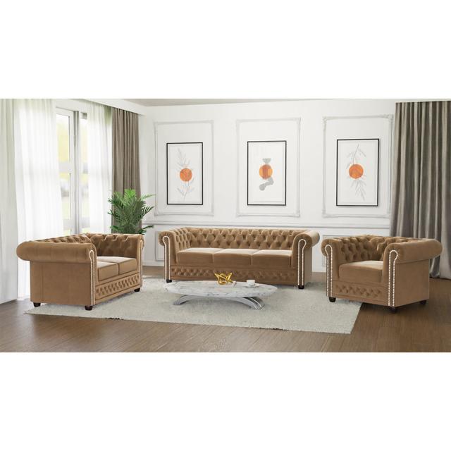 Chesterfield Hanna Sofa Set with Sleeping Function 3+2+1 Made of Velvet Fabric with Solid Wood Legs Mercer41 Upholstery Colour: Beige on Productcaster.