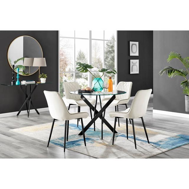 Tierra Modern Glass & Chrome Metal Round Dining Table Set & 4 Luxury Velvet Dining Chairs Furniture Box Size: 75cm H x 100cm W x 100cm D, Table Base C on Productcaster.