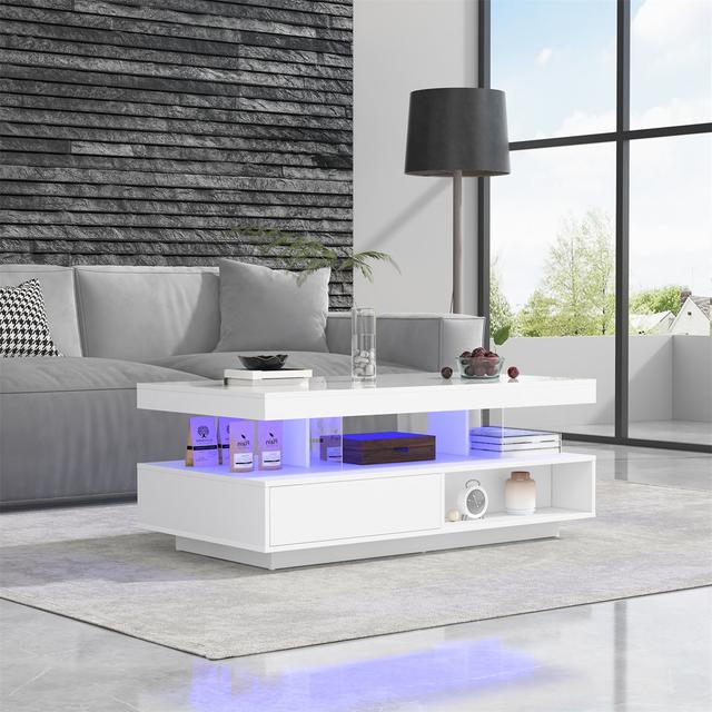 White High Gloss LED Coffee Table With 2 Drawers & 16-Color Lights - Living Room Center Table Metro Lane on Productcaster.