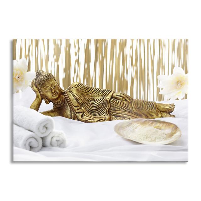 Golden Buddha On Towel - No Frame Print on Glass Latitude Vive Size: 70cm H x 100cm W x 0.4cm D on Productcaster.