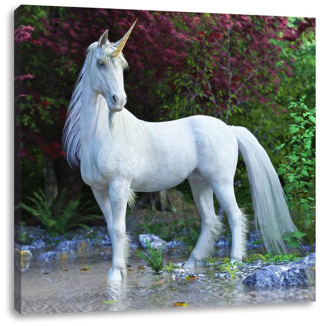 Leinwandbild Majestic Unicorn in Forest Lake Happy Larry Maße: 40 cm H x 40 cm B x 1,8 cm T on Productcaster.