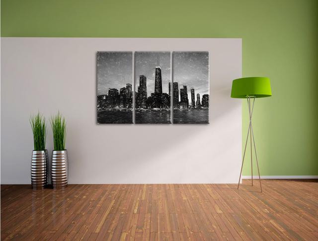 3-tlg. Leinwandbild-Set „Wunderbare Chicago-Wolkenkratzer-Silhouette bei Sonnenuntergang“, Kunstdruck East Urban Home on Productcaster.