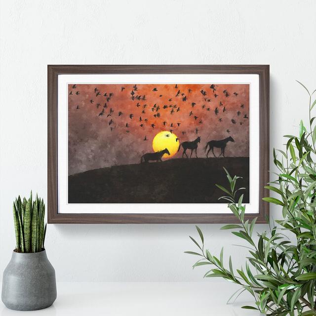 Birds and Horses at Sunset - Picture Frame Painting East Urban Home Size: 27cm H x 36cm W x 2cm D, Frame Option: Walnut Framed on Productcaster.