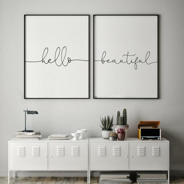 'Hello Beautiful' Textual Art Set (Set of 2) East Urban Home Format: Black Oak Frame, Size: 61 cm H x 43 cm W x 2.5 cm D on Productcaster.