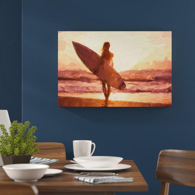 Leinwandbild "Surferin vor Sonnenuntergang", Grafikdruck East Urban Home Größe: 60 cm H x 80 cm B on Productcaster.