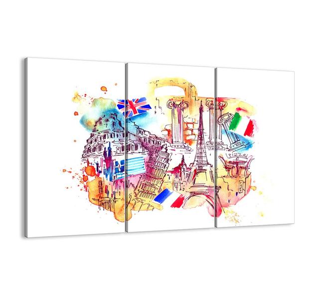 'European Tour' - 3 Piece Graphic Art Print Set on Canvas Brayden Studio Size: 70cm H x 105cm W x 1.8cm D on Productcaster.