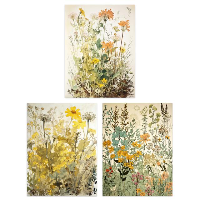 Wildflowers Vintage Pastel Floral Yellow Pink Teal Flower - 3 Piece No Frame Print Set Marlow Home Co. Size: 29.7cm H x 21cm W x 0.4cm D on Productcaster.