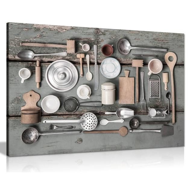 Vintage Kitchen Utensils - Wrapped Canvas Photograph Ebern Designs Size: 61cm H x 91cm W on Productcaster.