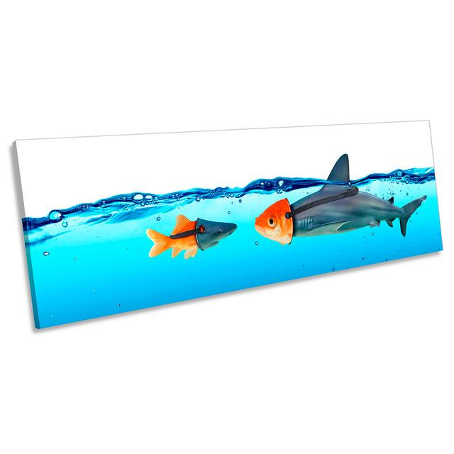 Shark Goldfish Bathroom Print PANORAMA CANVAS WALL ART Picture Blue Happy Larry Size: 45.72cm H x 137.16cm W on Productcaster.