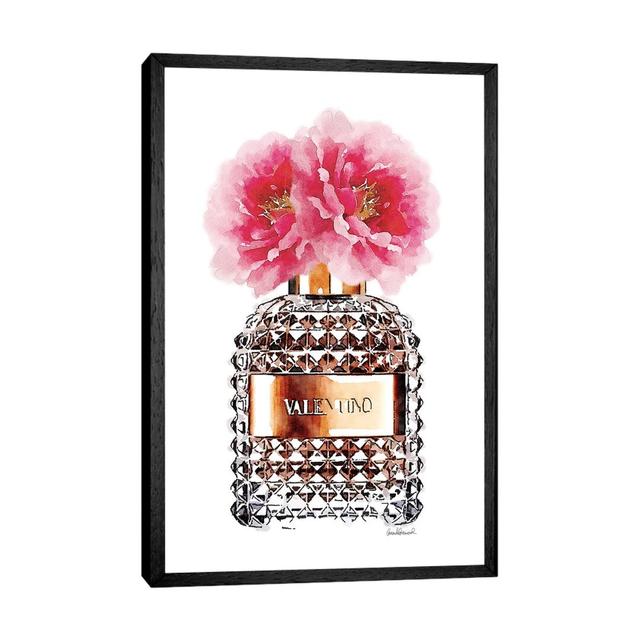 Perfume Bottle & Pink Peony by Amanda Greenwood - Print on Canvas Etta Avenue Size: 101.6cm H x 66.04cm W x 3.81cm D, Frame Option: Black Framed on Productcaster.