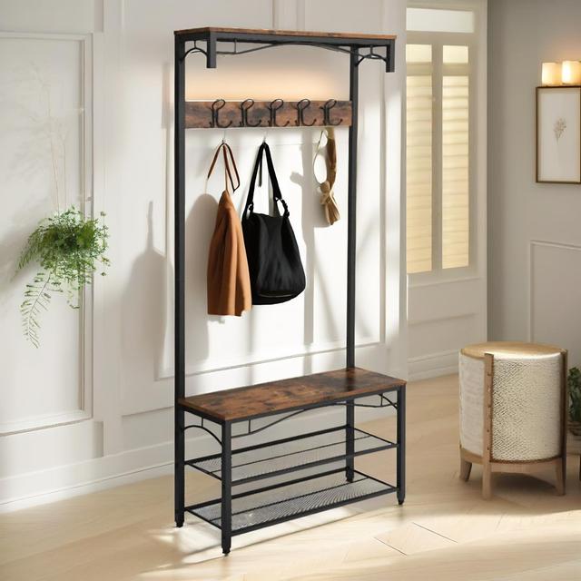 Benzino Hall Tree 65cm Wide Rustic Industrial Coat Stand Shoe Organiser Hallway Entryway Brayden Studio on Productcaster.