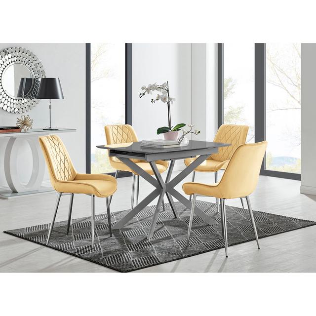 Eubanks Modern High Gloss Extendable Dining Table Set with Luxury Dining Chairs Canora Grey Colour (Chair): Mustard/Silver on Productcaster.