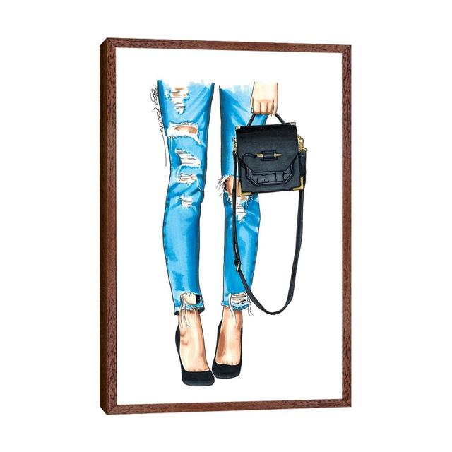 Ripped Jeans & Bag by Elza Fouche - Print on Canvas Ebern Designs Format: Classic Brown Wood Framed, Size: 101.6cm H x 66.04cm W x 3.81cm D on Productcaster.