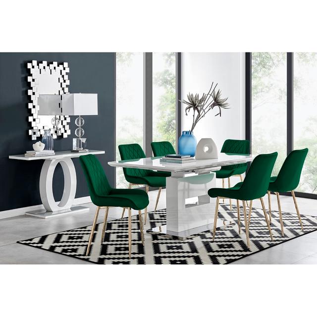 Alezzo Modern High Gloss Extendable Dining Table Set with 6 Luxury Velvet Dining Chairs Canora Grey Colour (Chair): Green/Gold on Productcaster.