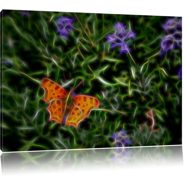 Leinwandbild Schmetterling auf Blumenwiese in Grün/Orange East Urban Home Größe: 60 cm H x 80 cm B on Productcaster.