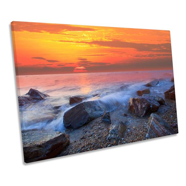 Seascape Orange Sunset Beach CANVAS WALL ART Framed Print Highland Dunes Size: 61cm H x 91.4cm W on Productcaster.