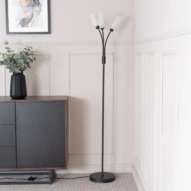 Abrianne Matt Black 3 Way Curved Arm Reed Shaded Upright Floor Lamp with LED Bulbs Fairmont Park Base Finish: Matte Black, Bulb Included: Yes on Productcaster.