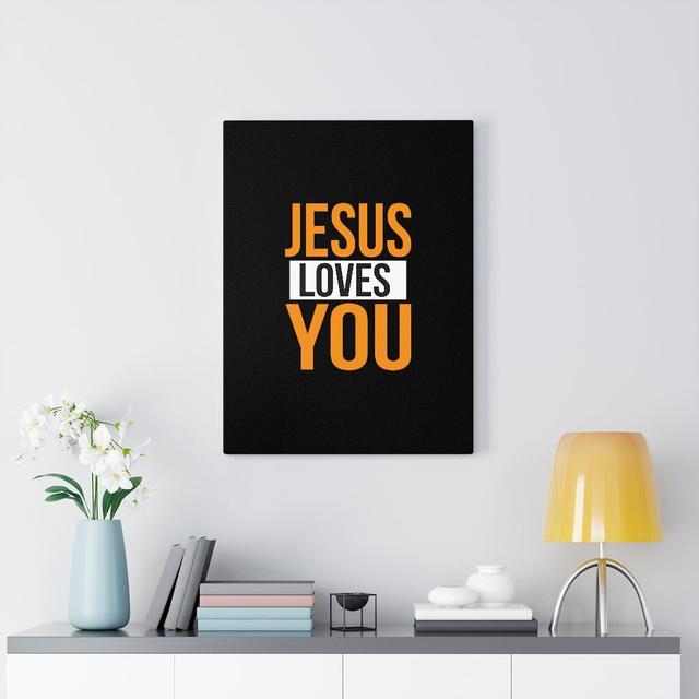 Jesus Loves You Orange - Wrapped Canvas Print Blue Elephant Size: 41cm H x 30cm W on Productcaster.