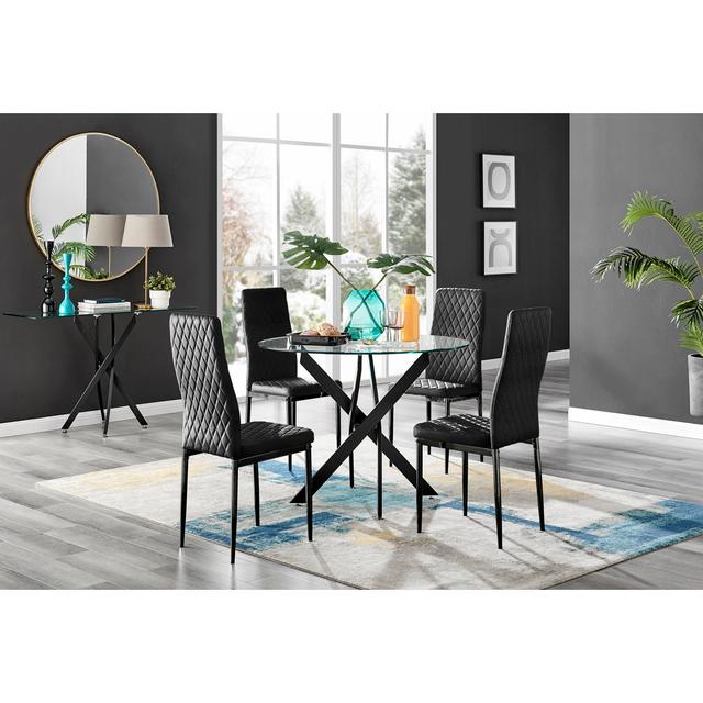 Tierra Modern Glass and Metal 4 Seat Dining Table Set - Luxury Velvet Dining Chairs Furniture Box Table Base Colour: Black, Size: 75 x 100 x 100cm, Ch on Productcaster.