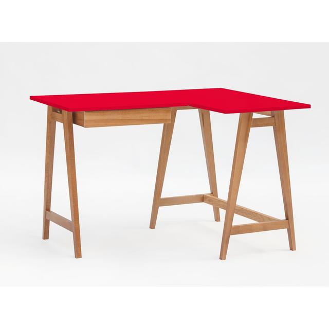 Malachy L-Shape Desk Hykkon Orientation: Right Hand Facing, Top Colour: Red, Frame Colour: Oak on Productcaster.