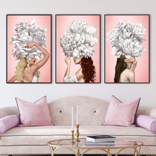 Graceful Woman - 3 Piece Picture Frame Graphic Art Print Set on Paper Clock Canvas Frame Option: Black Framed, Size: 60cm H x 120cm W x 3cm D on Productcaster.