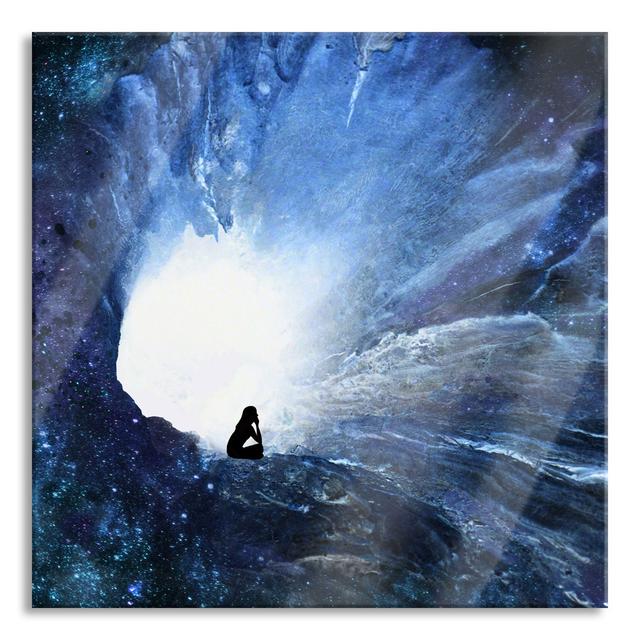 Woman Meditating in front of a Hole in the Galaxy - Unframed Graphic Art on Glass Ebern Designs Size: 80cm H x 80cm W x 0.4cm D on Productcaster.