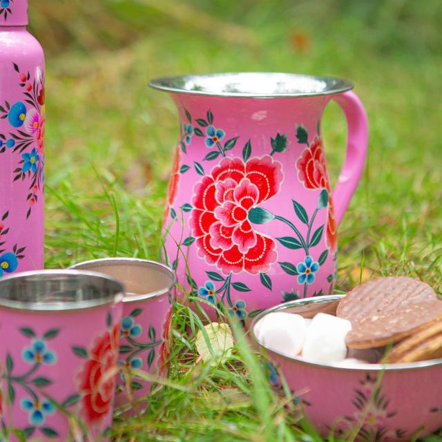 East Urban Home Hand-Painted Picnic Water Jug - 1.7L - Raspberry Peony BillyCan Colour: Pink on Productcaster.