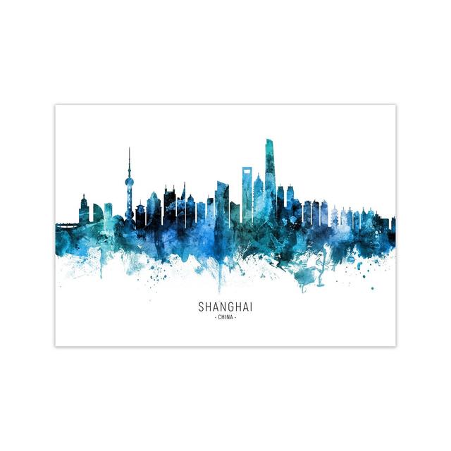 Shanghai China Skyline Blue City Name by Michael Tompsett - Print Ebern Designs Size: 30cm H x 42cm W x 1cm D, Format: Unframed on Productcaster.