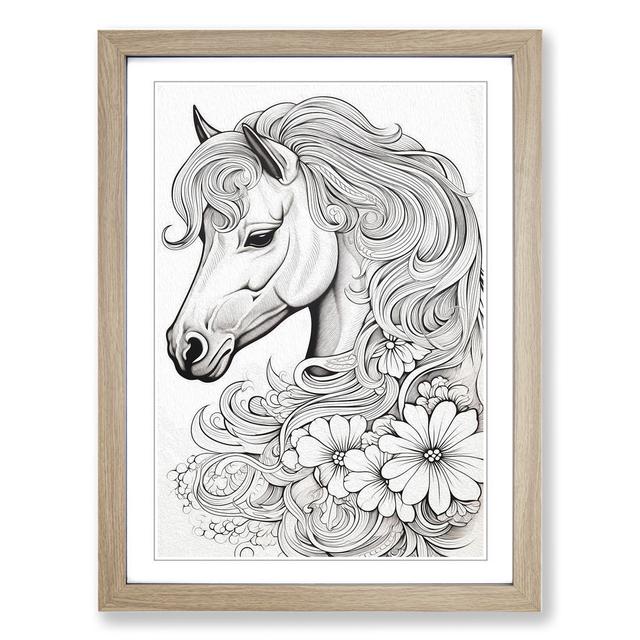 Pony Line Art Happy Larry Frame Colour: Oak, Size: 64cm H x 46cm W x 2cm D on Productcaster.