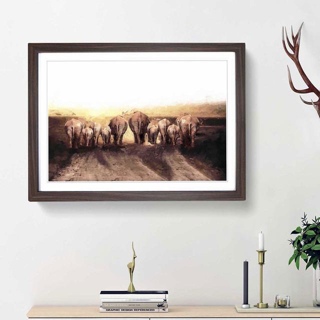 Herd of Elephants on a Dusty Road in Abstract - Picture Frame Painting Print East Urban Home Frame Option: Walnut Framed, Size: 48cm H x 65cm W x 2cm on Productcaster.