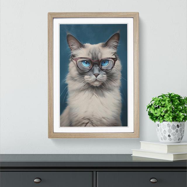 Ragdoll Cat with Glasses Painting Happy Larry Size: 64cm H x 46cm W x 2cm D, Frame Colour: Oak on Productcaster.