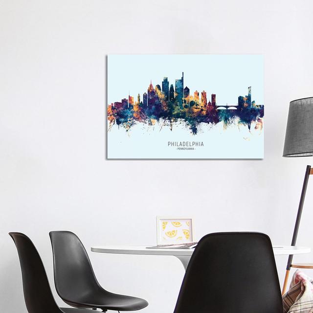 Philadelphia Skyline Blue Orange by Michael Tompsett - Wrapped Canvas Graphic Art Metro Lane Size: 66.04cm H x 101.6cm W x 3.81cm D on Productcaster.