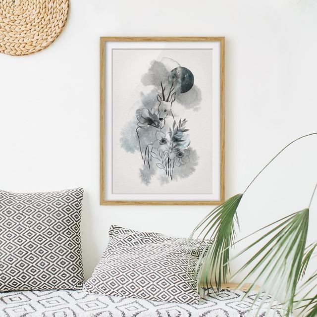 'Deer and Moon' Framed Graphic Art Print East Urban Home Frame Options: Natural oak, Size: 55 cm H x 40 cm W on Productcaster.