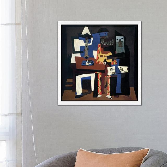 Three Musicians by Pablo Picasso - Painting Print on Canvas Three Posts Size: 46cm H x 46cm W x 4cm D, Frame Option: White Framed on Productcaster.