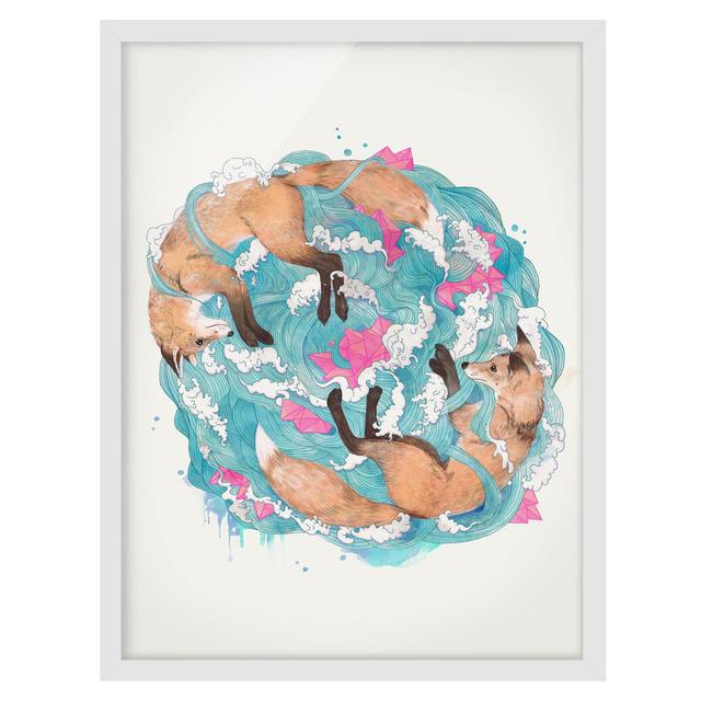 Illustration Foxes and Waves - Picture Frame Graphic Art Union Rustic Frame Option: White Framed, Size: 70cm H x 50cm W x 2cm D on Productcaster.