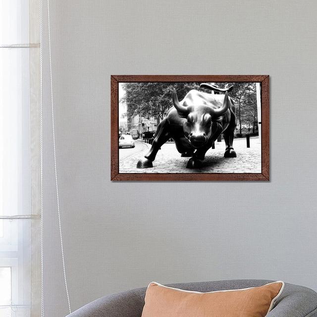 Wall Street Bull Black And White - Print on Canvas East Urban Home Size: 66cm H x 102cm W x 4cm D, Frame Option: Brown Framed on Productcaster.