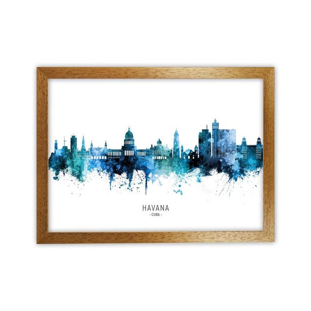 Havana Cuba Skyline Blue City Name by Michael Tompsett - Graphic Art Ebern Designs Format: Oak Framed, Size: 46cm H x 63cm W x 3cm D on Productcaster.