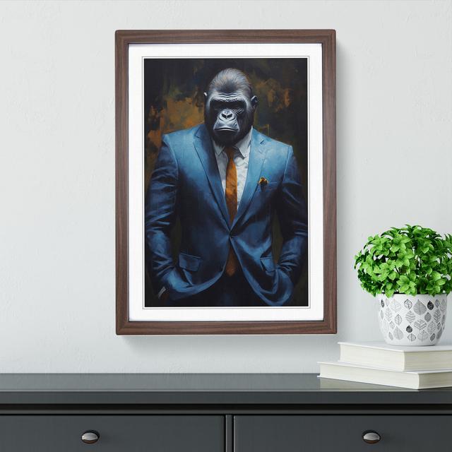 Gorilla In A Suit Painting - Single Picture Frame Print on Wood Big Box Art Frame Colour: Walnut, Size: 46cm H x 34cm W x 2cm D on Productcaster.