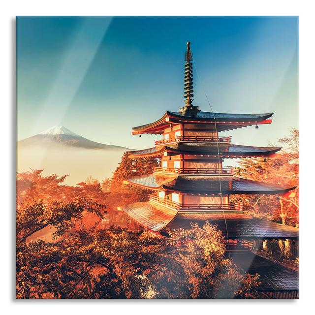 Japanese Temple In Colourful Tree Tops - No Frame Print on Glass Latitude Vive Size: 60cm H x 60cm W x 0.4cm D on Productcaster.