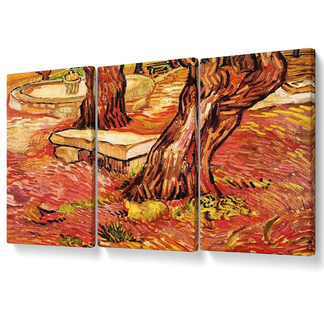 The Stone Bench in the Garden of Saint-Paul Hospital by Vincent Van Gogh - 3 Piece Wrapped Canvas Graphic Art Rosalind Wheeler Size: 142.2cm H x 304.8 on Productcaster.