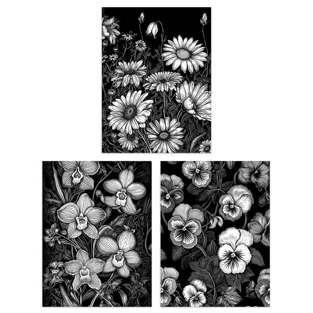 Elegant Spring Flowers Daisies Orchids Peonies Black White - 3 Piece Unframed Art Prints Set ClassicLiving Size: 40.5cm H x 30.5cm W x 0.3cm D on Productcaster.