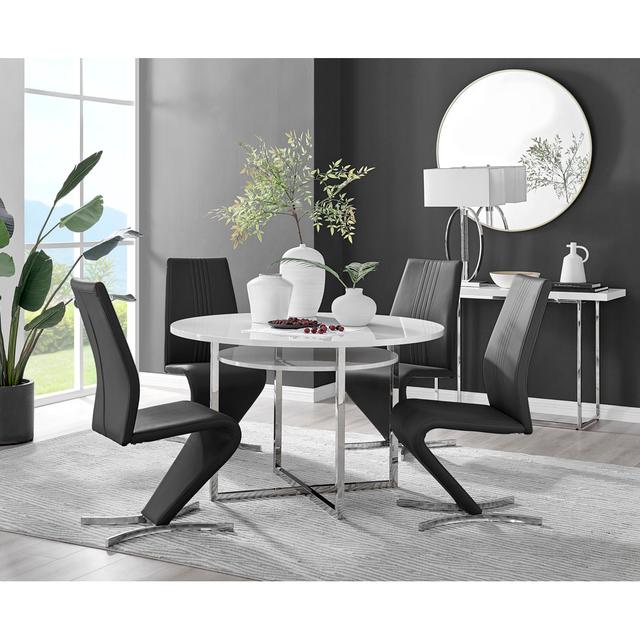 Adler Concrete Effect Round Dining Table Set with Shelf & 4 Quilted Faux Leather Dining Chairs Canora Grey Colour (Chair): Black/Silver, Table Base Co on Productcaster.