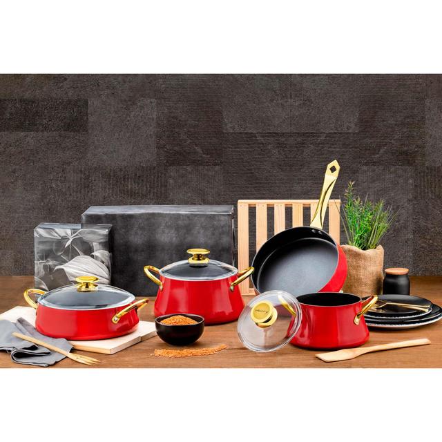 Aubrelle 7 - Piece Non-Stick Aluminium Cookware Set Canora Grey Colour: Red on Productcaster.