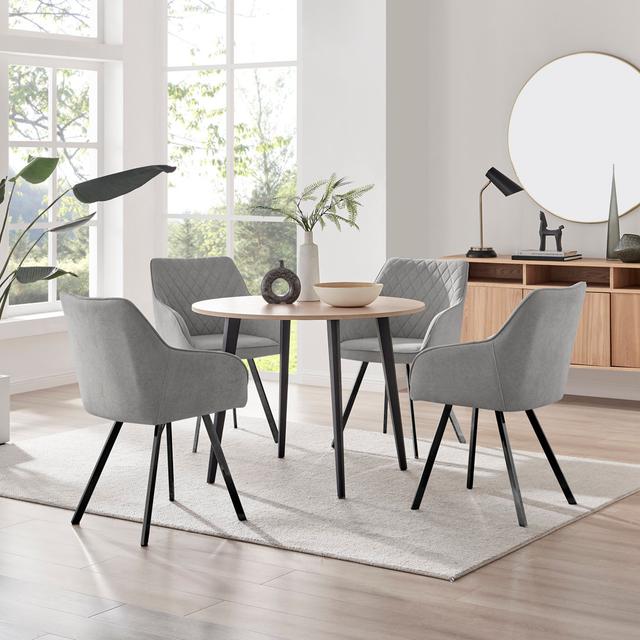 Bulkley Oak Effect Round Dining Table & 4 Luxury Fabric Dining Chairs - Melamine Scratch Resist Top Furniture Box Chair Colour: Blue, Table Top Colour on Productcaster.