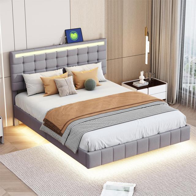 Upholstered Bed 140 X 200 Cm, Upholstered Floating Bed Frame With Led Lights Linen Ivy Bronx Colour: Grey on Productcaster.