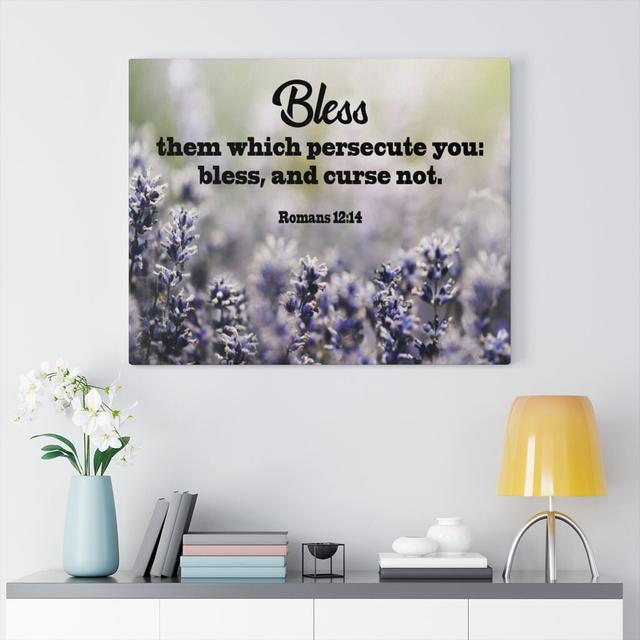 Bless Them Romans 12:14 - Wrapped Canvas Typography Blue Elephant Size: 30cm H x 41cm W on Productcaster.